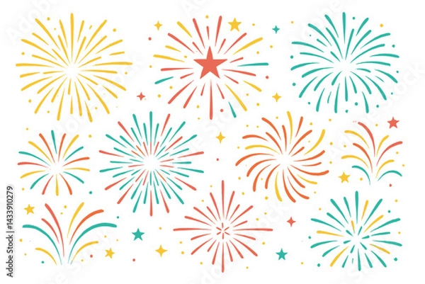 Fototapeta Colorful icon set featuring various firework designs in vibrant colors for festive illustrations and graphics