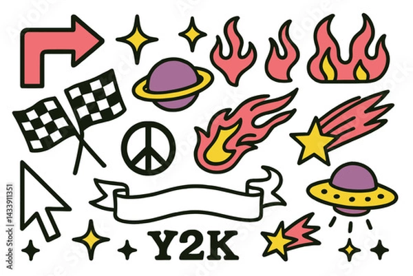 Fototapeta Icon set featuring vibrant Y2K elements including flames, planets, and peace symbols for creative projects