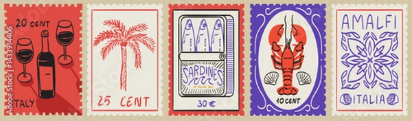 Fototapeta Summer Italy. Amalfi. Vector illustration of postage stamps with image of blue Italian Mediterranean tiles, wine, lobster on a plate, sardines can, sea shell, drawing for poster, placard or print.