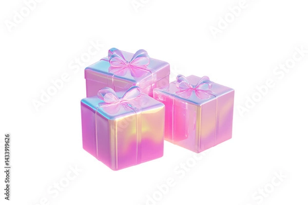 Obraz Three pink holographic gift boxes with bows on transparent background