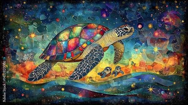 Fototapeta A colorful turtle is swimming in the ocean with two baby turtles following it