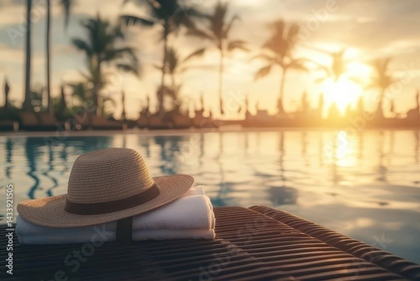 Fototapeta Relaxing poolside scene at sunset with a straw hat and towel, palm trees in the background