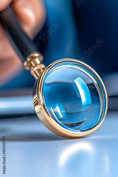 Fototapeta Close-up of a hand holding a magnifying glass over a document, focusing on detail and precision