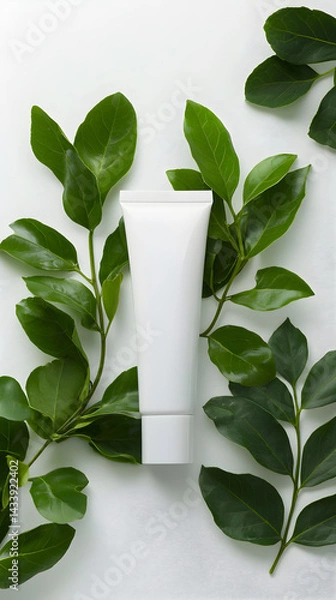 Fototapeta A tube of white cream is placed on top of a leafy green plant