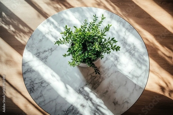 Fototapeta Top-down view of a round marble coffee table with realistic veining, featuring a leafy plant in a sleek pot, set in a bright and airy living room.

