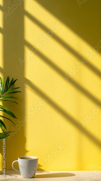 Fototapeta A white coffee cup sits on a table next to a plant
