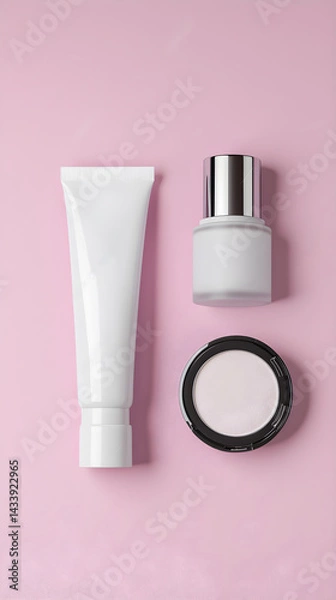 Fototapeta A close up of three beauty products on a pink background