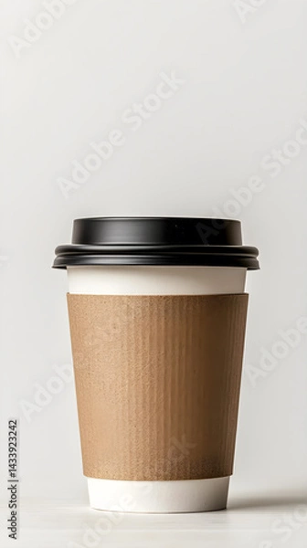 Fototapeta A coffee cup with a lid and a brown sleeve sits on a white table