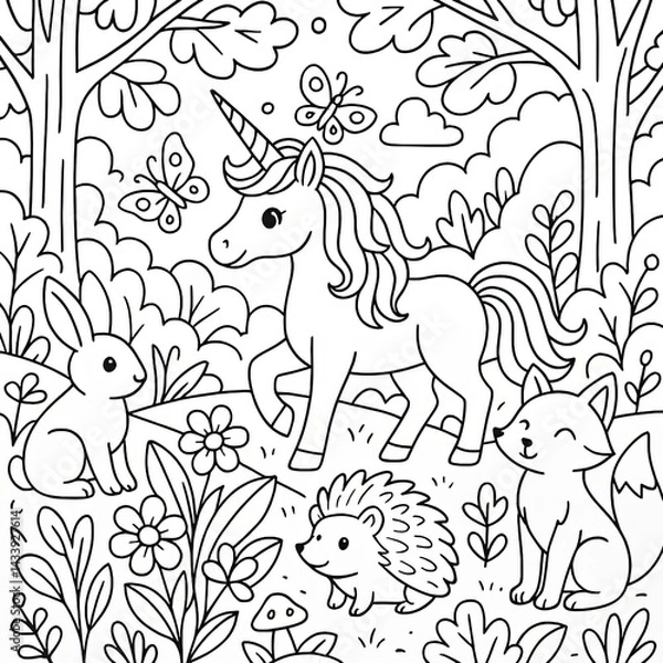 Fototapeta Whimsical Unicorn and Woodland Creatures in a Black and White Forest Illustration