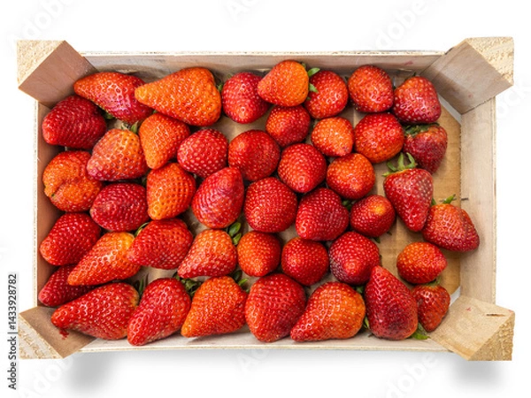 Fototapeta Ripe strawberries arranged in wooden crate isolated on white with clipping path included