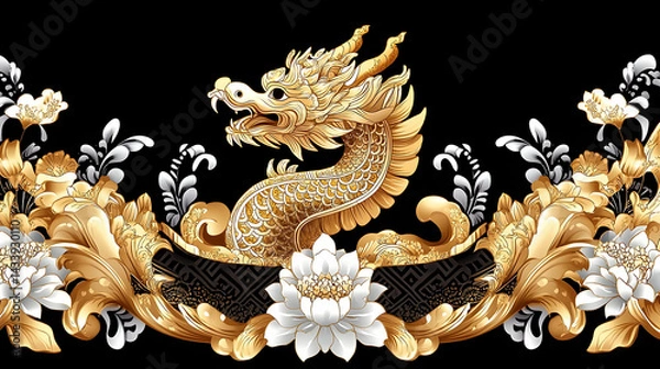 Fototapeta Ornate gold dragon design with white flowers on a black background.