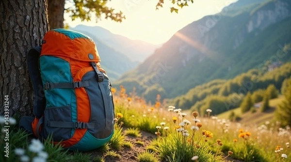 Obraz Backpack leaning against a tree with a mountain landscape in the background. Backpack, mountain, nature concept