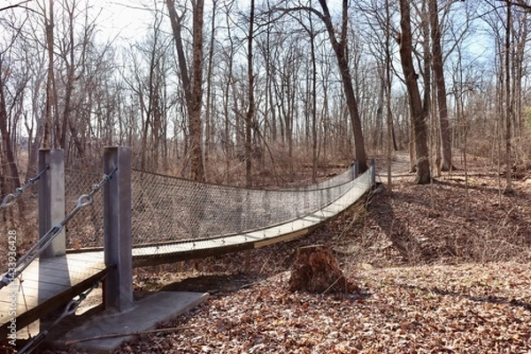Obraz The swinging bridge in the winter forest on a sunny day.