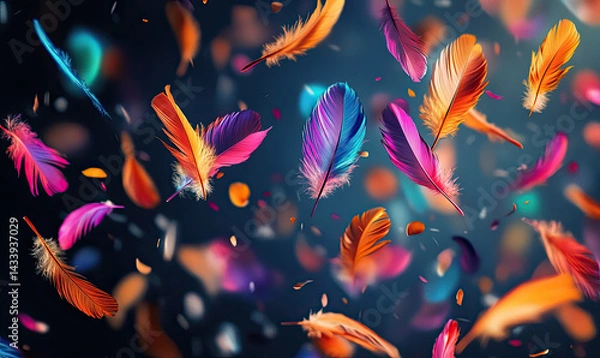 Fototapeta Colorful Feathers in Motion Against a Dark Background, Creating a Whimsical and Playful Atmosphere