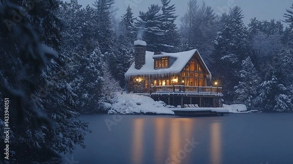 Fototapeta A serene winter dusk scene with a warmly lit snow-covered house on a tiny island, soft light illuminating snowy ground and reflecting on a calm icy lake.

