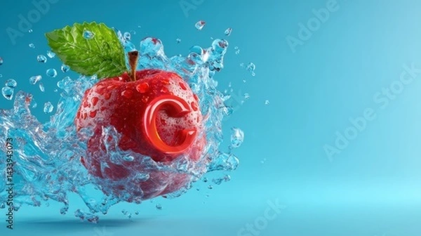 Fototapeta Splashing apple with vitamin c label studio high fidelity image bright environment close-up detox concept