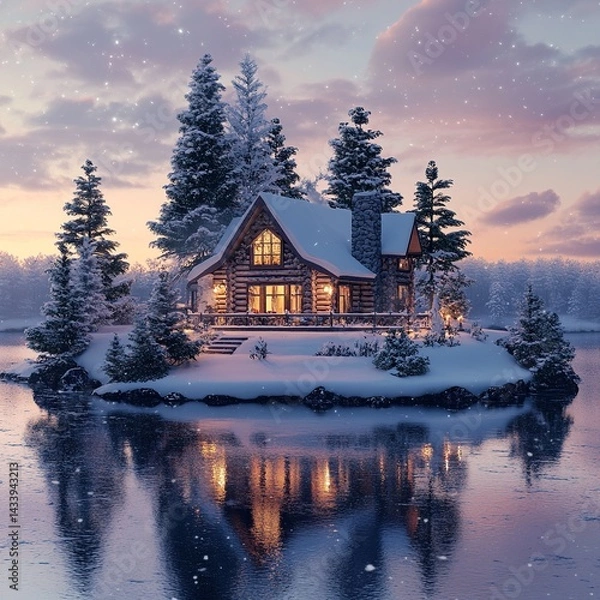 Fototapeta A serene winter dusk scene with a warmly lit snow-covered house on a tiny island, soft light illuminating snowy ground and reflecting on a calm icy lake.

