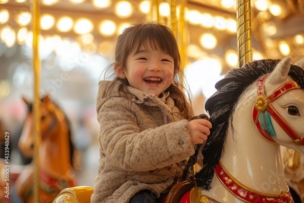 Obraz Cheerful child enjoying a ride on a carousel horse, illuminated by bright lights, at a lively amusement park