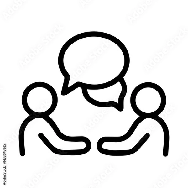 Fototapeta Two minimalist figures facing each other with a speech bubble overhead. Symbolizing dialogue, discussion, interpersonal communication, and social interaction between two people. Black and white