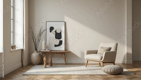 Fototapeta Interior Design living room with soft textiles, geometric decor, and sculptural accents. A modern yet cozy space.