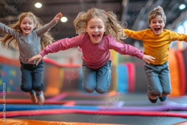 Obraz Three cheerful children are having fun, jumping high on colorful trampolines at an indoor playground