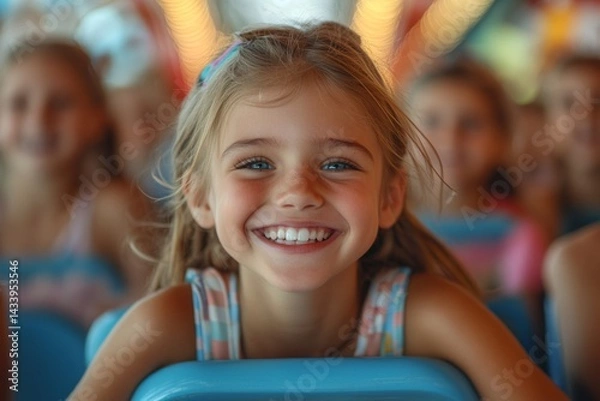 Fototapeta Girl enjoying a ride on a carousel at a funfair, expressing joy and excitement