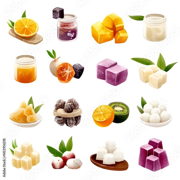 Fototapeta A collection of fruit and sweets, including oranges, kiwis, and cookies