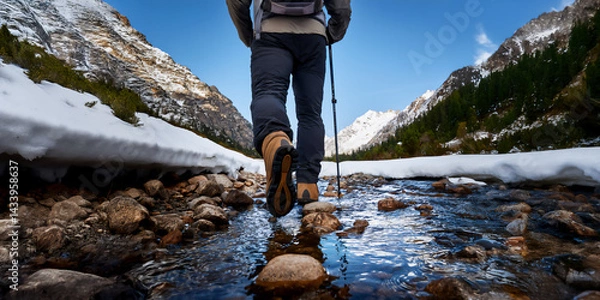 Obraz Male hiker walking through a mountain stream in winter. Close up from behind of an adventurous man in nature, focus on boots. 