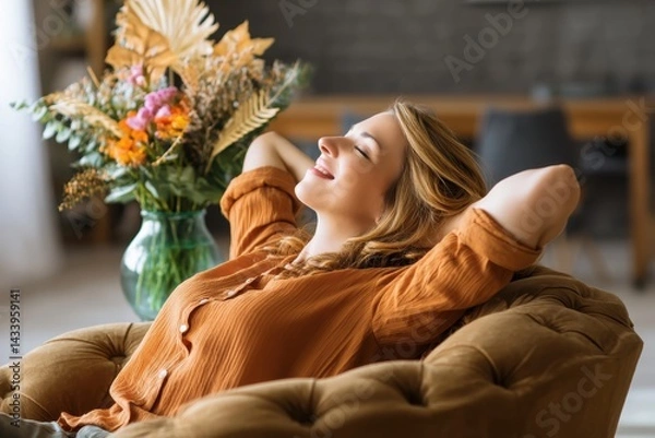 Obraz A relaxed woman lounging on an armchair  at home, her arms behind head and eyes closed in peaceful contentment and smiling.