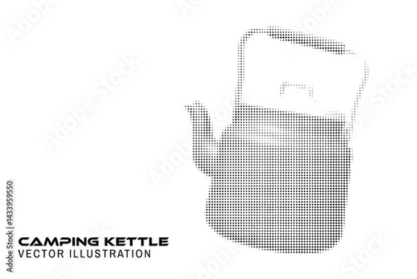 Obraz Halftone 3d camping kettle water boiler poster, banner, flyer template. Vector illustration. Circle halftone shape camping pot kettle for outdoor enthusiasts, hikers, and survivalists.