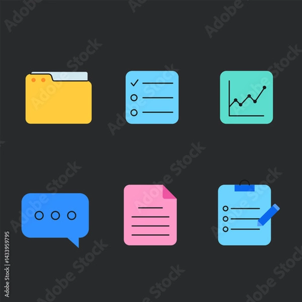 Obraz Set of colorful vector icons related to documents, files, tasks, and data management. Includes icons of a folder, checklist, graph, chat bubble, document, and clipboard. Minimalistic and modern flat d