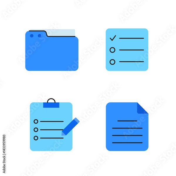 Fototapeta Set of colorful vector icons related to documents, files, tasks, and data management. Includes icons of a folder, checklist, graph, chat bubble, document, and clipboard. Minimalistic and modern flat d