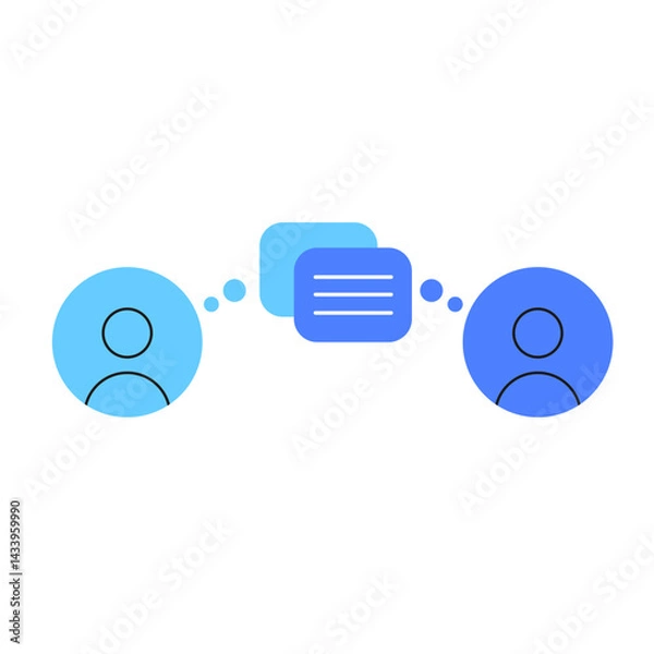 Fototapeta Minimalistic vector illustration of two people communicating through speech bubbles. Represents conversation, communication, messaging, and social interaction. Flat design style with blue tones 