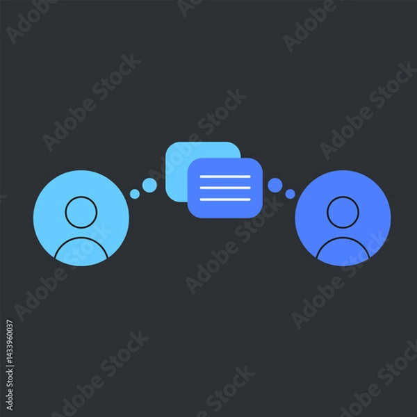 Fototapeta Minimalistic vector illustration of two people communicating through speech bubbles. Represents conversation, communication, messaging, and social interaction. Flat design style with blue tones 