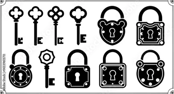Fototapeta Vector illustration of antique keys and padlocks security and access elements