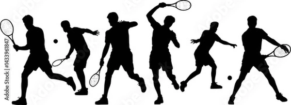Fototapeta Tennis players silhouettes in action demonstrating different strokes and movement on court