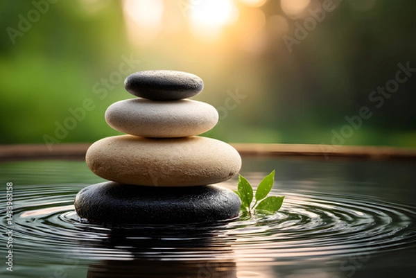 Fototapeta Stacked smooth stones balanced on water surface, tranquil nature setting in soft light, representing peace and harmony.