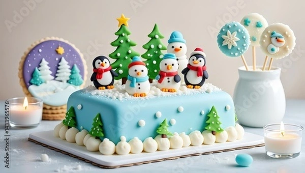Fototapeta A cake decorated with snowmen, Christmas trees, and candles on a table.
