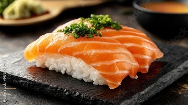 Fototapeta Fresh salmon nigiri sushi on a slate plate.  Garnished with green onions