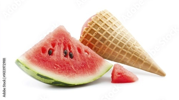 Fototapeta Watermelon Slice and Ice Cream Cone on White Background. Generative AI