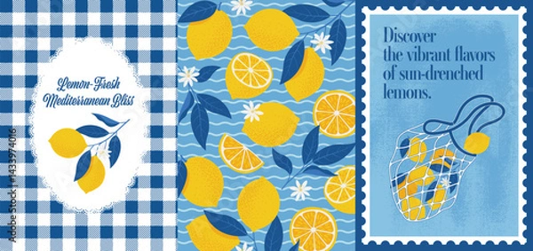 Fototapeta Lemons Poster in Mediterranean style. Vector illustration in flat style of citrus, cut fruits, traditional pattern