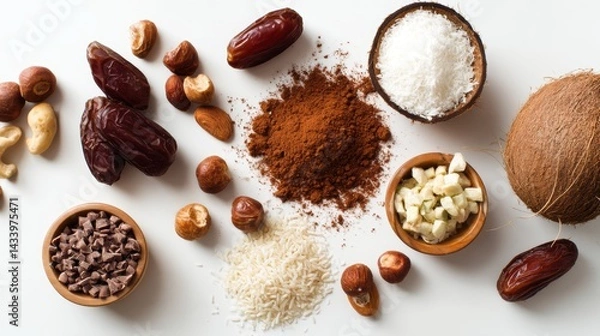 Fototapeta Assorted Natural Ingredients for Healthy Recipe Preparation on White Background