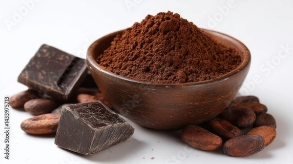 Fototapeta Rich Cocoa Powder in Wooden Bowl Surrounded by Dark Chocolate and Cocoa Beans on White Background