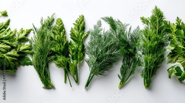 Fototapeta Fresh Green Herbs Arrangement on White Background for Culinary or Natural Use
