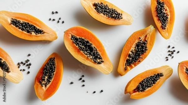 Fototapeta Fresh Papaya Halves with Black Seeds Arranged on Light Background for Food Photography