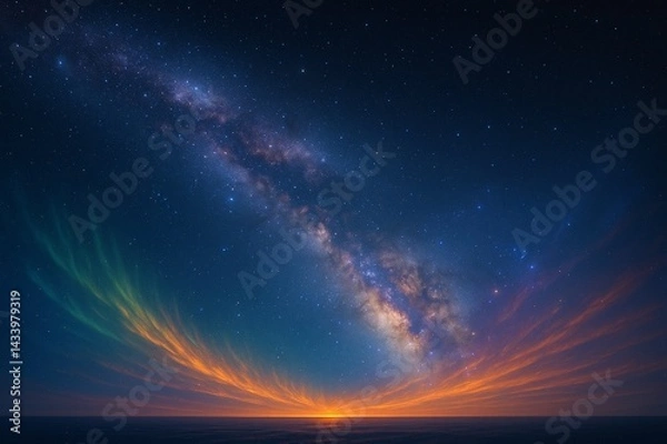 Fototapeta A surreal view of the Milky Way galaxy above a glowing aurora sky