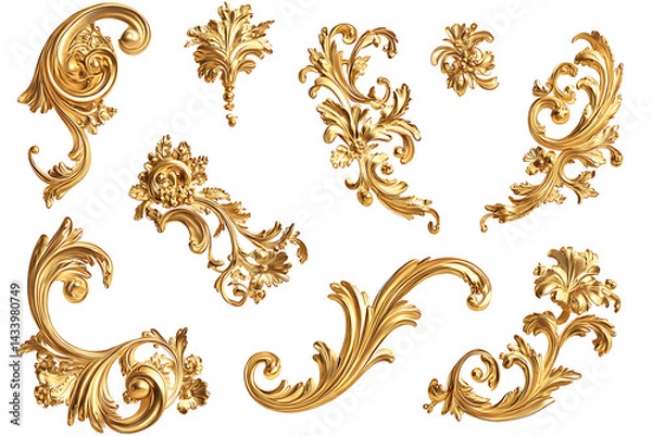 Fototapeta Collection of golden baroque style floral ornaments on a transparent background design elements