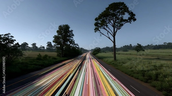 Fototapeta Long Exposure Light Trails on Highway with Trees Against Clear Blue Sky During Dusk or Dawn