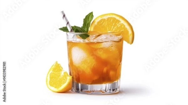 Fototapeta Painkiller cocktail isolated on white background with ice and orange slice. Generative AI