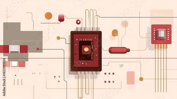 Obraz Abstract Illustration of Electronic Circuit Board with Microchip and Connecting Lines in Warm Color Palette
